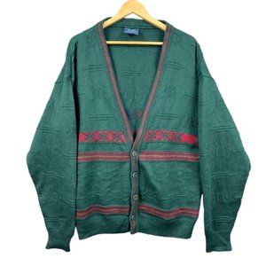 Vintage Limnos Jumper Cardigan Mens XL Green Pure New Wool Embroidered Winter